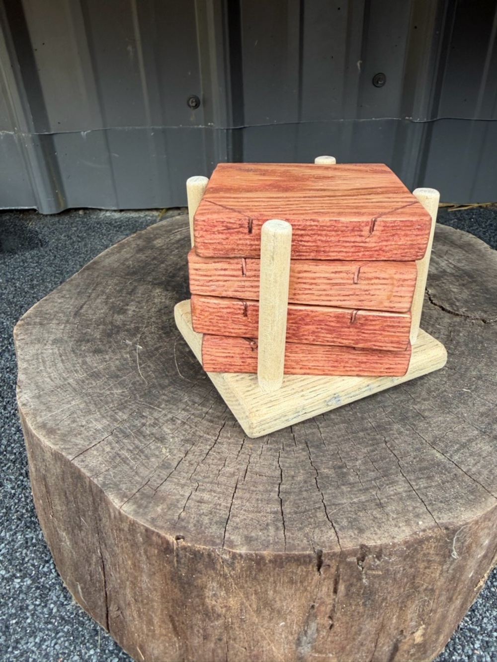 Handcrafted Wooden Coaster Set with Holder - Red-Brown & Light Wood